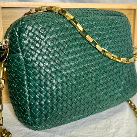 CLARE V Midi Sac Basketweave Leather Emerald Green Evergreen Crossbody Bag - Picture 3 of 9